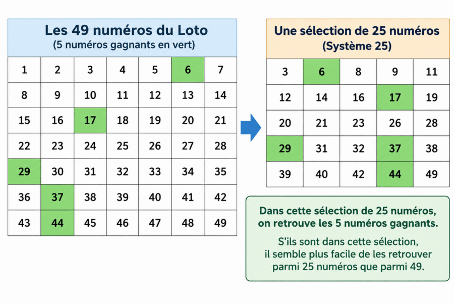 Comparaison des 49 numéros du Loto avec une sélection de 25 numéros dans le principe du Système 25.